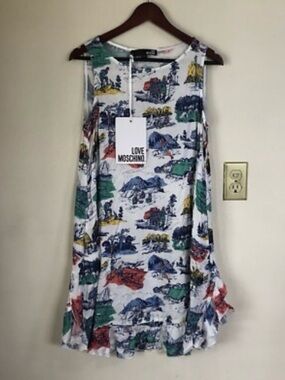NWT Love Moschino White camping Scenic Print Sleeveless A-Line Dress size small